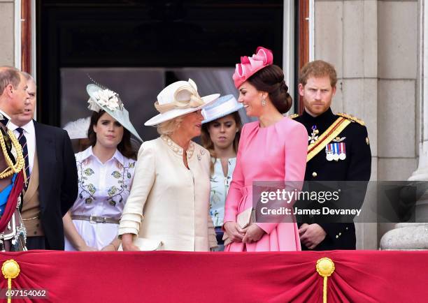 Princess Eugenie of York, Camilla, Duchess of Cornwall, Princess Beatrice of York, Catherine, Duchess of Cambridge and Prince Harry stand on the...