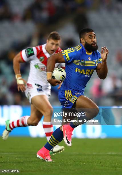 Michael Jennings of the Eels makes a break during the round 15 NRL match between the Parramatta Eels and the St George Illawarra Dragons at ANZ...