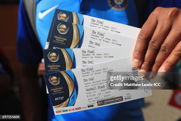 An Indian supporter holds tickets during the ICC Champions Trophy Final between Pakistan and India at The Kia Oval on June 18, 2017 in London,...