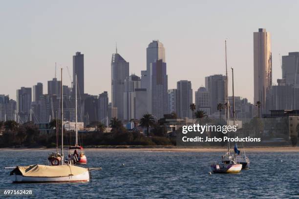 st kilda melbourne skyline with waterfront. - port phillip bay stock pictures, royalty-free photos & images