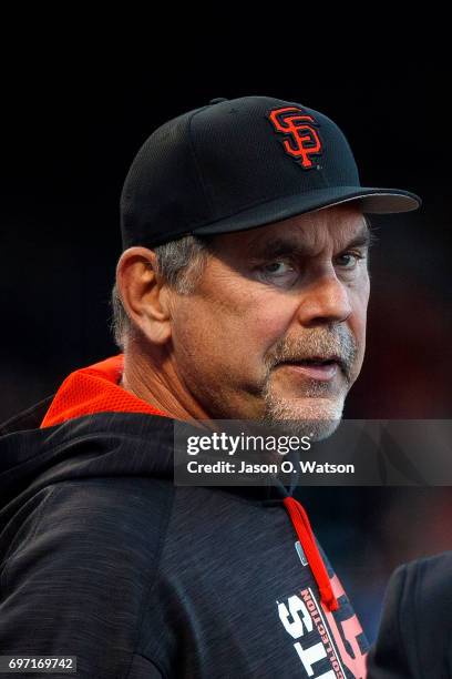 Bruce Bochy of the San Francisco Giants stands on the field before the game against the Minnesota Twins at AT&T Park on June 9, 2017 in San...