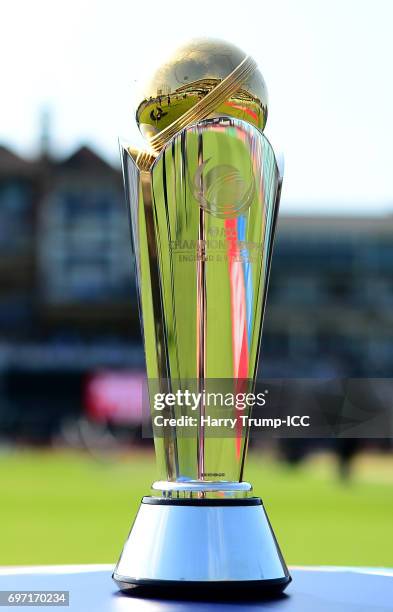 Detailed view of the trophy during the ICC Champions Trophy Final match between India and Pakistan at The Kia Oval on June 18, 2017 in London,...