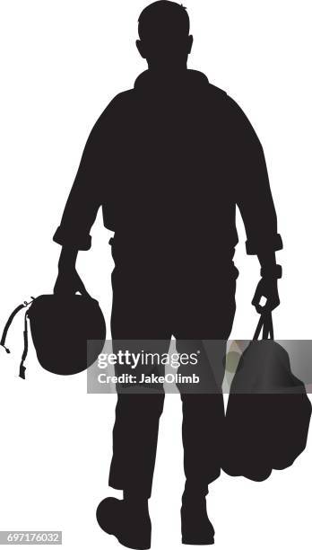 pilot walking with helmet silhouette - motorcycle rider stock illustrations