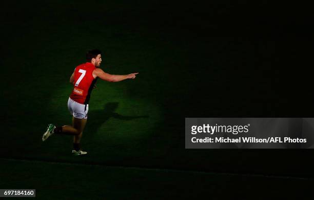 Jack Viney of the Demons points to position during the 2017 AFL round 13 match between the Western Bulldogs and the Melbourne Demons at Etihad...