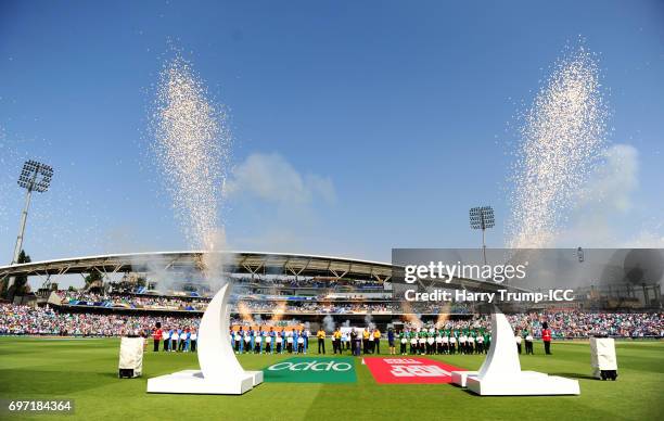 The two sides line up for the national anthems during the ICC Champions Trophy Final match between India and Pakistan at The Kia Oval on June 18,...