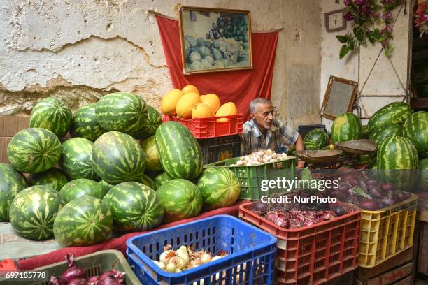 Stand with watermelons on display for sale inside Fes Medina. A scene from a daily life in Fes during the Ramadan 2017. On Saturday, June 17 in Fes,...