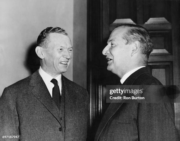 French foreign minister Maurice Couve de Murville with his British counterpart, Selwyn Lloyd , at the Foreign Office in King Charles Street,...