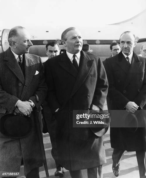 British Foreign Secretary Selwyn Lloyd at London Airport on his return from meetings on the Suez Crisis at the United Nations in New York, 28th...