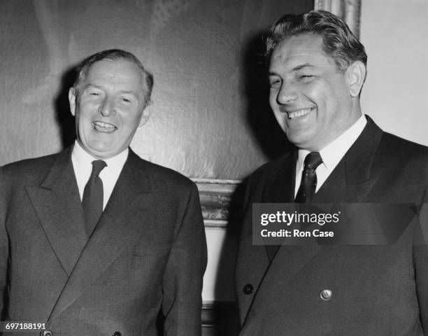 British Foreign Secretary Selwyn Lloyd with his Soviet counterpart, Dmitri Shepilov meeting at the Foreign Office in preparation for a Conference on...