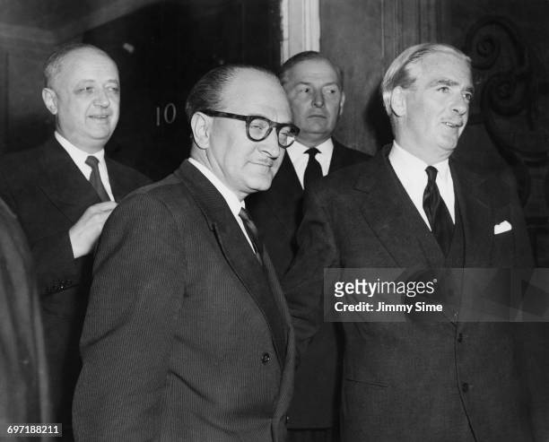 French foreign minister Christian Pineau , French Prime Minister Guy Mollet , British Foreign Secretary Selwyn Lloyd and British Prime Minister...