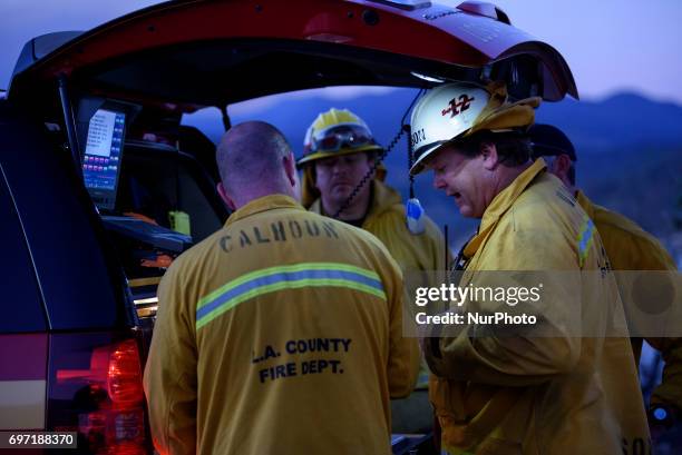 Los Angeles County firefighters during the Castaic Lake fire in Castaic, California on June 17, 2017. Castaic, California on June 17, 2017....