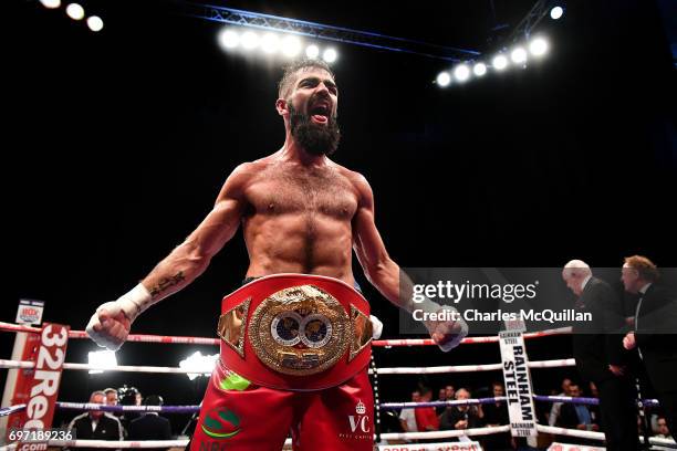 Jono Carroll celebrates after defeating Johnny Quigley for the Super Featherweight vacant IBF championship title as part of the Battle of Belfast...