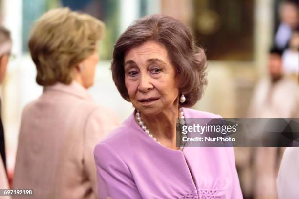 Queen Sofia of Spain attends to congratulates Bulgaria's ex-King and former Prime Minister Simeon Saxe-Coburg-Gotha after a mass to celebrate his...