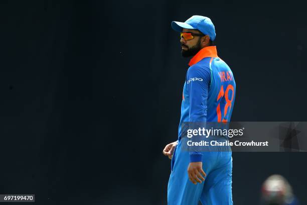 India captain Virat Kohli looks on during the ICC Champions Trophy Final match between India and Pakistan at The Kia Oval on June 18, 2017 in London,...