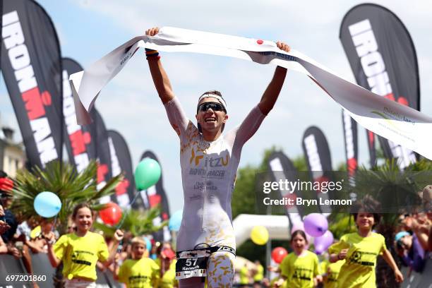 Kenneth Vandendriessche of Belgium celebrates winning the Ironman 70.3 Luxembourg-Region Moselle race on June 18, 2017 in Remich, Luxembourg.