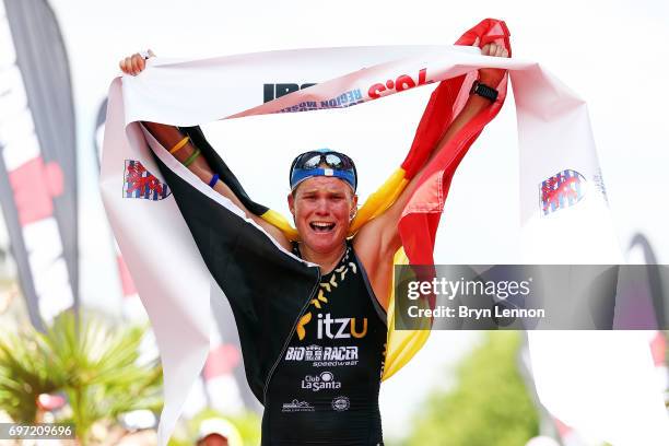 Alexandra Tondeur of Belgium celebrates wining the Women's Ironman 70.3 Luxembourg-Region Moselle race on June 18, 2017 in Remich, Luxembourg.