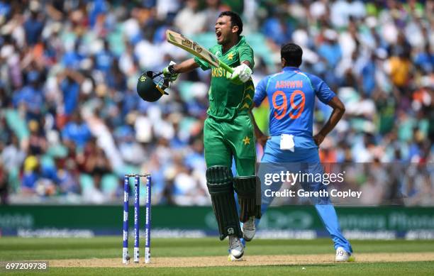 Fakhar Zaman of Pakistan celebrates reaching his century during the ICC Champions Trophy Final between India and Pakistan at The Kia Oval on June 18,...