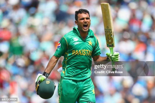 Fakhar Zaman of Pakistan celebrates his century during the ICC Champions trophy cricket match between India and Pakistan at The Oval in London on...