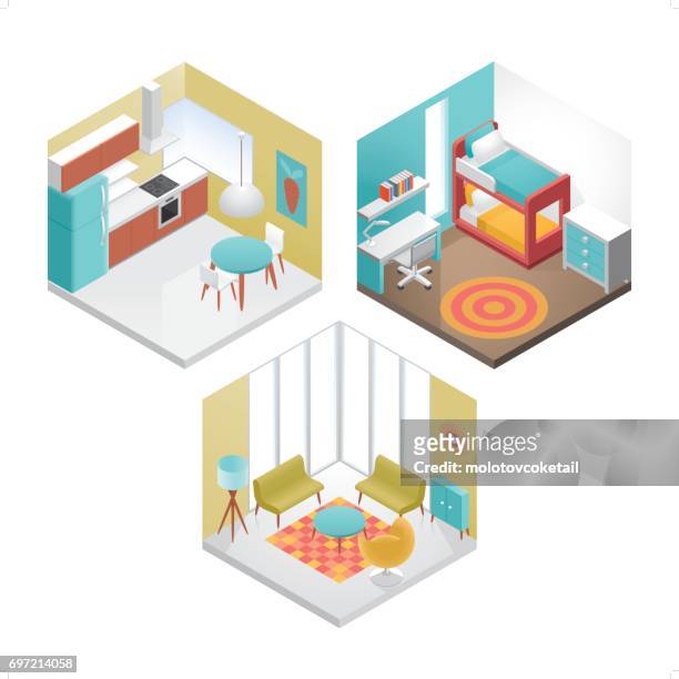 ilustrações, clipart, desenhos animados e ícones de conjunto de 3 ícones de interior moderno isométrica - cozinha doméstica