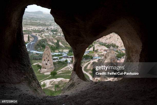 view through the window and door at uçhisar, nevşehir province, central anatolia region, turkey - nevşehir province 個照片及圖片檔