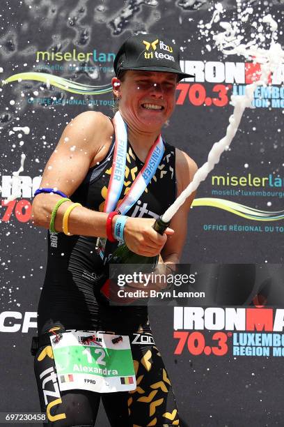Alexandra Tondeur of Belgium celebrates wining the Women's Ironman 70.3 Luxembourg-Region Moselle race on June 18, 2017 in Remich, Luxembourg.
