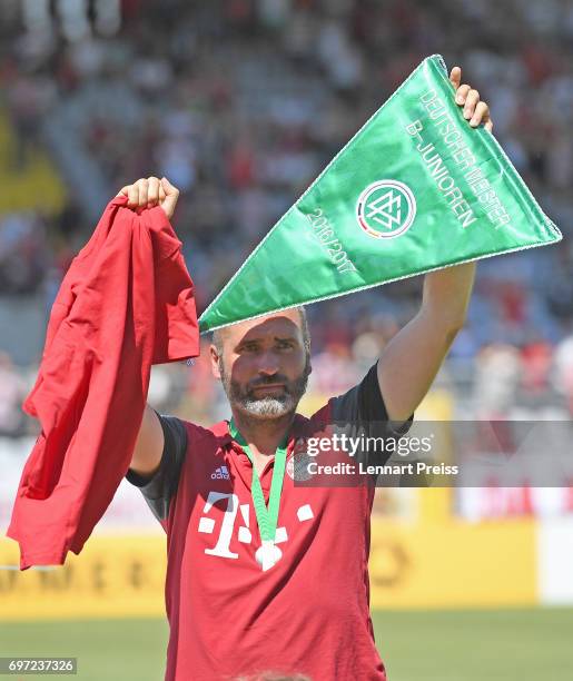 Tim Walter, head coach of FC Bayern Muenchen celebrates winning the B Juniors German Championship Final against SV Werder Bremen at Stadion an der...