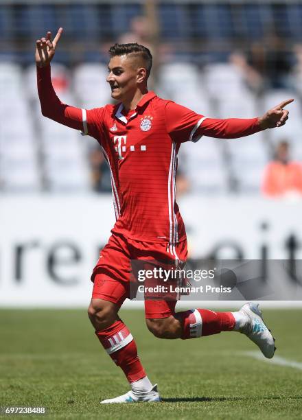Marcel Zylla of FC Bayern Muenchen celebrates scoring his team's first goal during the B Juniors German Championship Final between FC Bayern Muenchen...