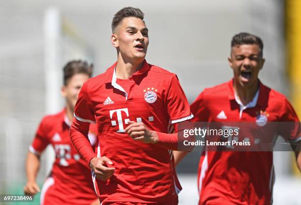 Marcel Zylla of FC Bayern Muenchen celebrates scoring his team's first goal during the B Juniors German Championship Final between FC Bayern Muenchen...