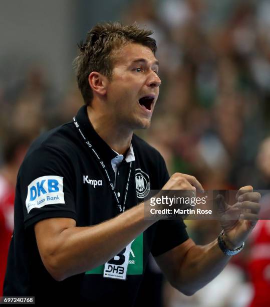 Christian Prokop, head coach of Germany reacts during the 2018 EHF European Championship Qualifier between Germany and Switzerland at OVB-Arena on...
