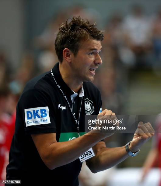 Christian Prokop, head coach of Germany reacts during the 2018 EHF European Championship Qualifier between Germany and Switzerland at OVB-Arena on...