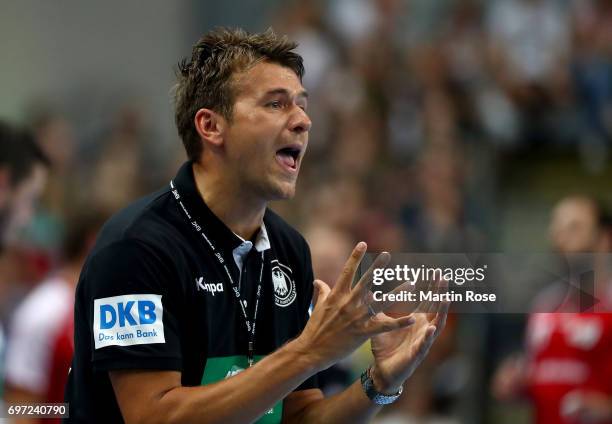 Christian Prokop, head coach of Germany reacts during the 2018 EHF European Championship Qualifier between Germany and Switzerland at OVB-Arena on...