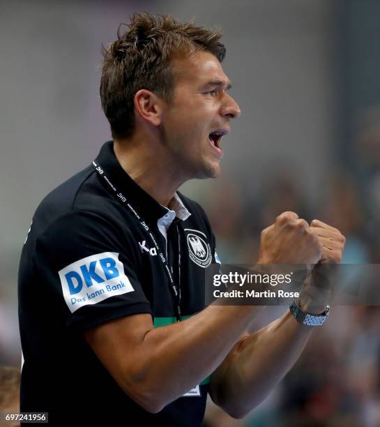 Christian Prokop, head coach of Germany reacts during the 2018 EHF European Championship Qualifier between Germany and Switzerland at OVB-Arena on...