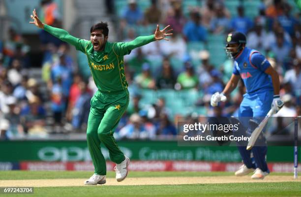Mohammad Amir of Pakistan successfully appeals for the wicket of Rohit Sharma of India during the ICC Champions Trophy Final between India and...