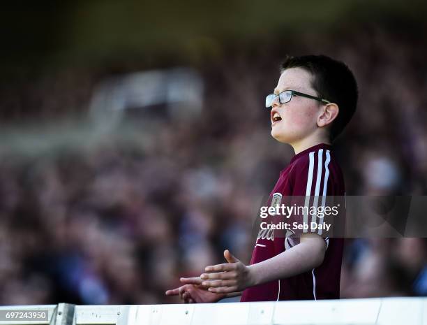 Laois , Ireland - 18 June 2017; Young Galway supporter Cian O'Connor, age 9, from Leitrim, Co Galway reacts after his side score a point during the...