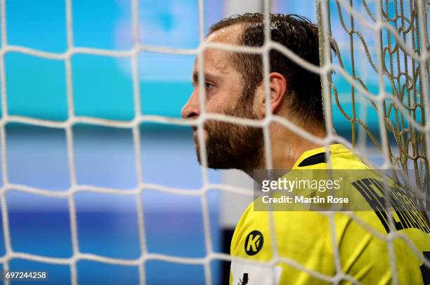 Silvio Heinevetter, goalkeeper of Germany reacts during the 2018 EHF European Championship Qualifier between Germany and Switzerland at OVB-Arena on...