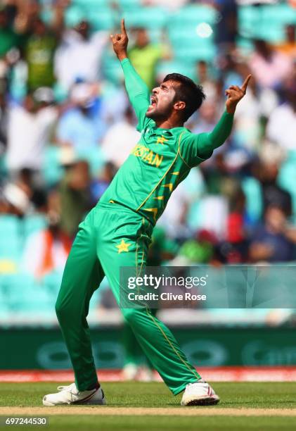 Mohammad Amir of Pakistan celebrates the wicket of Rohit Sharma of India during the ICC Champions trophy cricket match between India and Pakistan at...