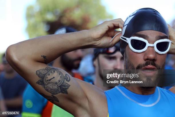 Atheletes prepare to start the swim leg of the Ironman 70.3 Luxembourg-Region Moselle race on June 18, 2017 in Remich, Luxembourg.