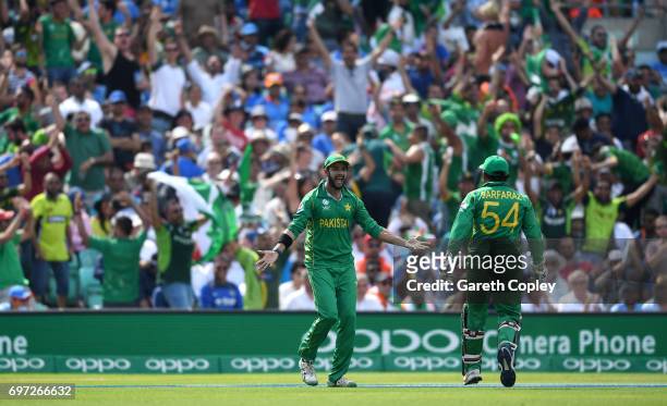 Imad Wasim of Pakistan celebrates catching out MS Dhoni of India during the ICC Champions Trophy Final between India and Pakistan at The Kia Oval on...
