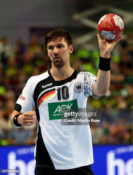 Fabian Wiede of Germany in action against Switzerland during the 2018 EHF European Championship Qualifier between Germany and Switzerland at...