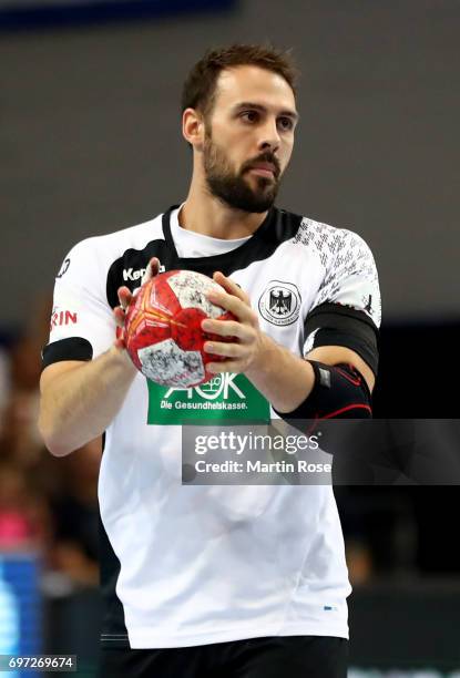 Tim Kneule of Germany in action against Switzerland during the 2018 EHF European Championship Qualifier between Germany and Switzerland at OVB-Arena...