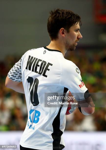 Fabian Wiede of Germany in action against Switzerland during the 2018 EHF European Championship Qualifier between Germany and Switzerland at...