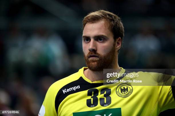 Andreas Wolff, goalkeeper of Germany reacts during the 2018 EHF European Championship Qualifier between Germany and Switzerland at OVB-Arena on June...