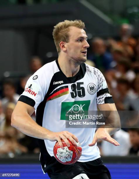 Julius Schiller of Germany in action against Switzerland during the 2018 EHF European Championship Qualifier between Germany and Switzerland at...