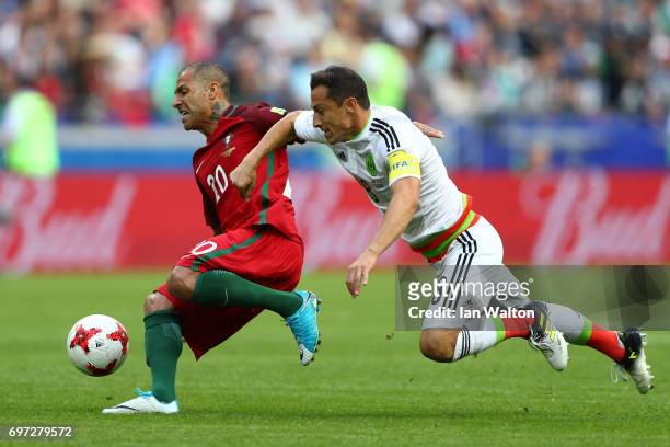 Ricardo Quaresma of Portugal and Andres Guardado of Mexico battle for possession during the FIFA Confederations Cup Russia 2017 Group A match between...