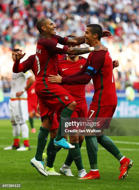 Ricardo Quaresma of Portugal celebrates scoring his sides first goal with Cristiano Ronaldo of Portugal during the FIFA Confederations Cup Russia...