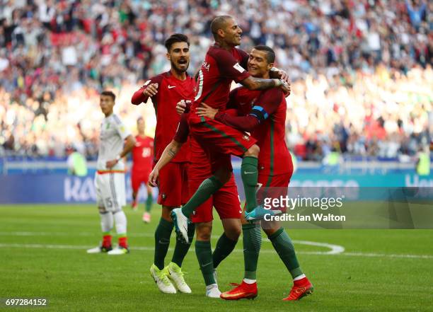 Ricardo Quaresma of Portugal celebrates scoring his sides first goal with Cristiano Ronaldo of Portugal during the FIFA Confederations Cup Russia...