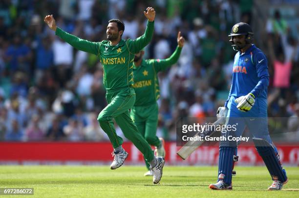 Junaid Khan of Pakistan celebrates dismissing Ravindra Jadeja of India during the ICC Champions Trophy Final between India and Pakistan at The Kia...