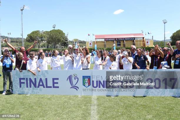 Roma under 17 celebrate their victory after the 9th Grassroots Festival at Coverciano on June 18, 2017 in Florence, Italy.