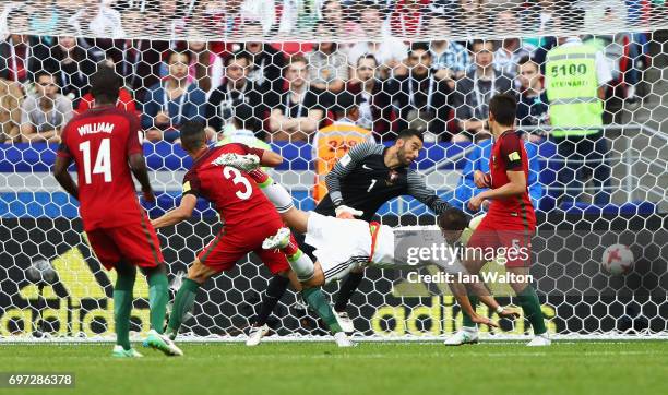 Hector Moreno of Mexico scores his sides first goal past Rui Patricio of Portugal during the FIFA Confederations Cup Russia 2017 Group A match...