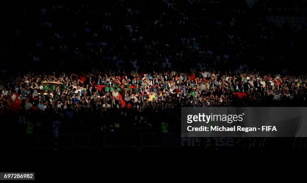 Fans look on during the FIFA Confederations Cup Russia 2017 Group A match between Portugal and Mexico at Kazan Arena on June 18, 2017 in Kazan,...